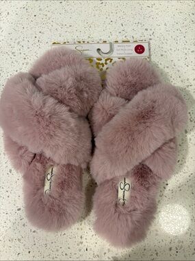 Jessica Simpson Plush Cross-Band Slide Slippers - Dusty Pink
